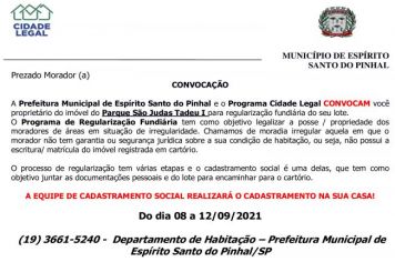 A Prefeitura Municipal de Espírito Santo do Pinhal e o Programa Cidade Legal CONVOCAM você proprietário do imóvel do JARDIM SÃO JUDAS E JARDIM VILA NOVA para regularização fundiária do seu lote.