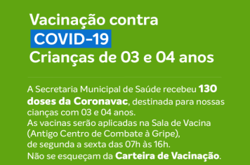 VACINAÇÃO CONTRA COVID-19 PARA CRIANÇAS DE 03 E 04 ANOS