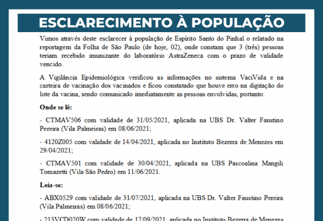 ESCLARECIMENTO À POPULAÇÃO