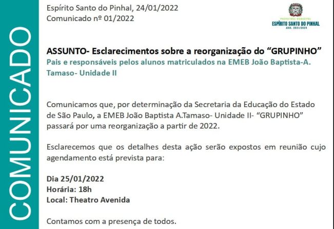 Comunicado aos pais e responsáveis dos alunos matriculados na EMEB João Baptista A. Tamaso II - 